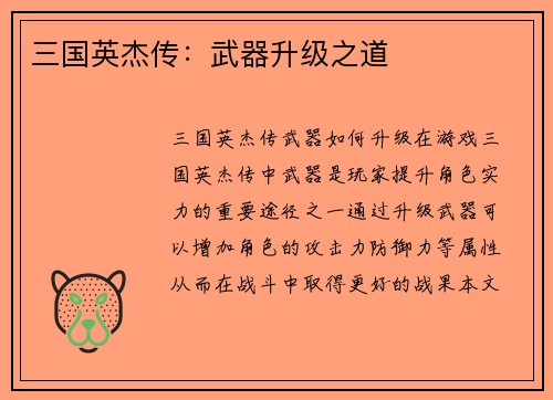 三国英杰传：武器升级之道